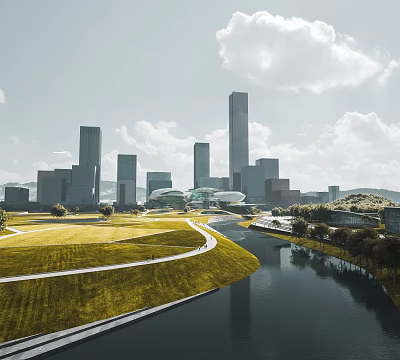 Modern Urban Cityscape With Tall Skyscrapers River Green Areas And Winding Paths 3d model