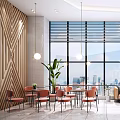Modern Leisure Area Interior With Wooden Textured Wall Large Windows Pendant Lights And Orange Chairs