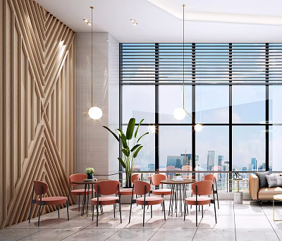 Modern Leisure Area Interior With Wooden Textured Wall Large Windows Pendant Lights And Orange Chairs 3d model