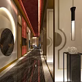 Luxurious Hotel Corridor Interior With Polished Marble Floors Red Ceiling And Pendant Lights