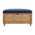 Stylish Storage Ottoman Bench With Navy Blue Cushion Wooden Frame And Rattan Weave Design