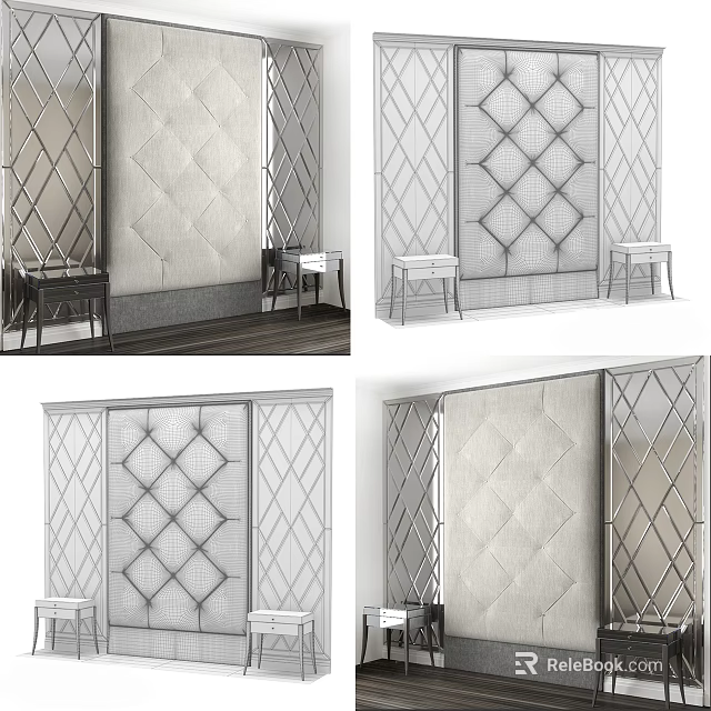 Elegant Modern Upholstered Wall Panel With Geometric Pattern And Mirror Accents 3d model 