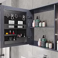 Modern Bathroom Accessories Storage Cabinet With Earrings Towels And Skincare Bottles On Shelves