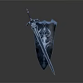 Black Medieval Sword And Shield With Ornate Decorative Patterns On Surface
