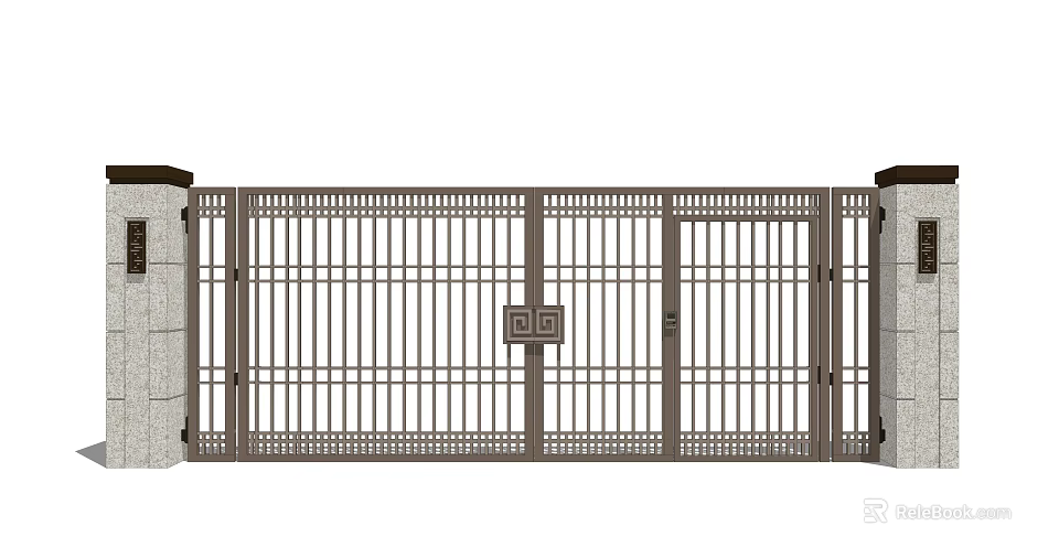 Iron Entrance Gate With Double Door Design Decorative Pattern And Stone Pillars 3d model 