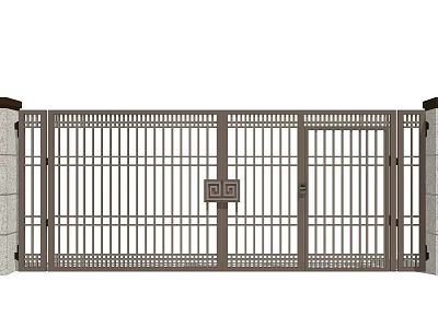 Iron Entrance Gate With Double Door Design Decorative Pattern And Stone Pillars 3d model