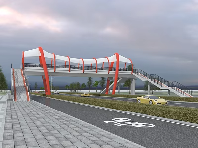 Red and White Canopy Bridge Over Road With Bicycle Lane Staircases And Cars Passing Below 3d model