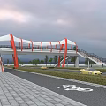 Red and White Canopy Bridge Over Road With Bicycle Lane Staircases And Cars Passing Below
