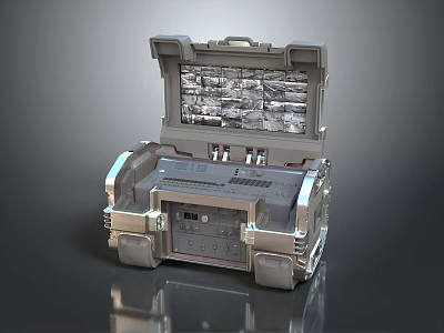 Futuristic Tech Device Case With Open Lid Digital Display Panel And Silver Finish Control Buttons 3d model