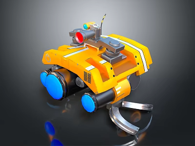 Yellow Mechanical Combat Weapon With Blue Wheels Red Light Top Equipment And Bottom Clamp 3d model