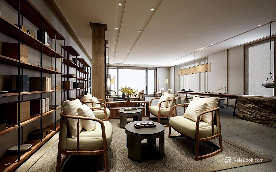 Elegant Modern Chinese Teahouse Interior With Bookshelves Wooden Tables Pendant Lights And Natural Light 3d model 
