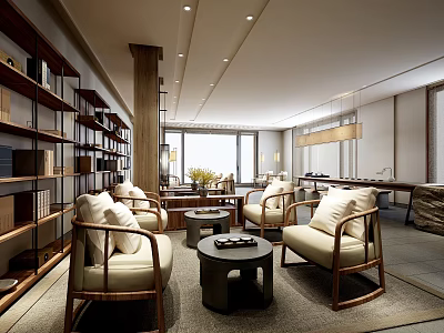 Elegant Modern Chinese Teahouse Interior With Bookshelves Wooden Tables Pendant Lights And Natural Light 3d model