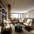 Elegant Modern Chinese Teahouse Interior With Bookshelves Wooden Tables Pendant Lights And Natural Light