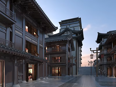 Ancient Architecture Traditional Buildings With Stone Street And Hanging Lanterns Evening Scene 3d model