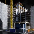 Active Construction Site Featuring Building Under Construction with Tower Cranes Scaffolding and Equipment