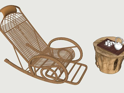 Wicker Rocking Lounge Chair With Stump Side Table Teapot And Checkerboard 3d model
