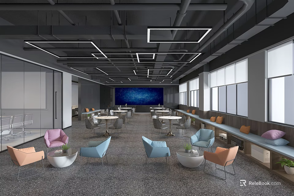 Modern Lounge Area With Colorful Chairs Round Tables Large Windows And Ceiling Lights 3d model 