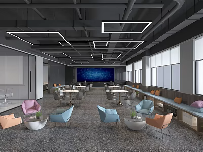 Modern Lounge Area With Colorful Chairs Round Tables Large Windows And Ceiling Lights 3d model