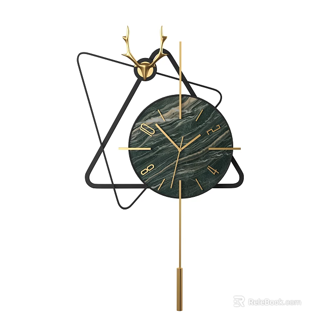 Modern Triangular Wall Clock With Black Metal Frame Green Marble Dial And Golden Hands 3d model