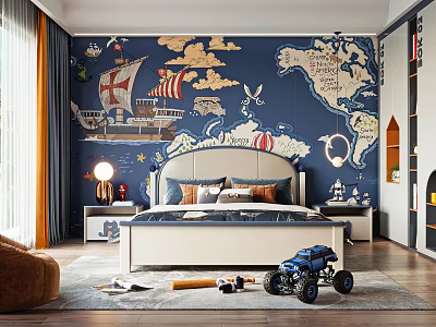 Adventurous Kids Room With World Map Wall Mural Bed Toy Truck Orange Curtains And Rug 3d model