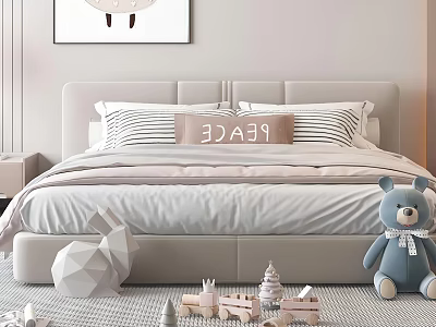 Cozy Kids Bed with Light Gray Headboard Striped Pillows Peace Cushion and Surrounding Toys 3d model