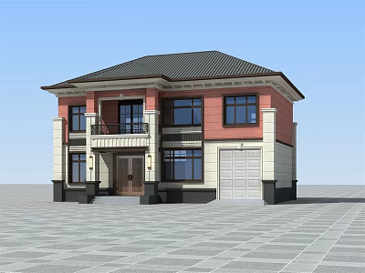 Two Story Detached Villa With Red Beige Exterior Black Roof And Garage Door 3d model