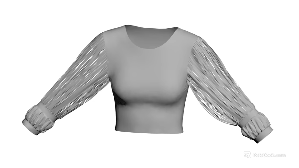 Stylish Gray Cropped Top With Fringed Long Sleeves And Fitted Design 3d model 
