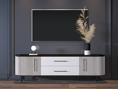 Modern White And Black TV Stand With Drawers Cabinet Doors Vase Dried Reeds And Lamp 3d model