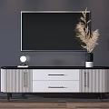 Modern White And Black TV Stand With Drawers Cabinet Doors Vase Dried Reeds And Lamp