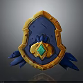 3D Rendered Orange Blue Shield With Central Green Red Gemstone And Shiny Decorative Edges