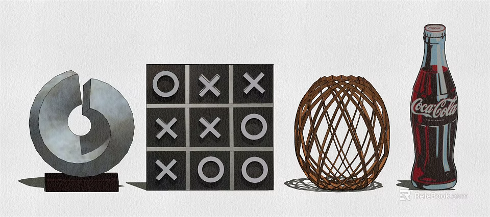 Modern Decorative Ornament Set With Metallic Circular Sculpture Tic Tac Toe Grid And Woven Spherical 3d model 