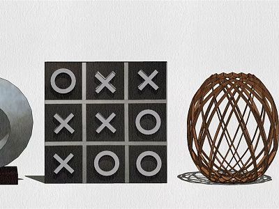 Modern Decorative Ornament Set With Metallic Circular Sculpture Tic Tac Toe Grid And Woven Spherical 3d model
