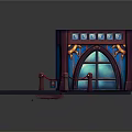 Cartoon Castle Gate Scene With Blue Stained Glass And Red Rope Barriers