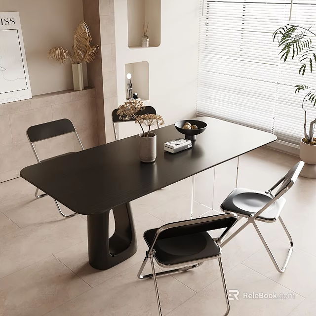 Modern Dining Table Set With Black Chairs Vase Books Bowl And Blinds Plant 3d model 