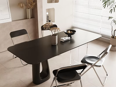 Modern Dining Table Set With Black Chairs Vase Books Bowl And Blinds Plant 3d model