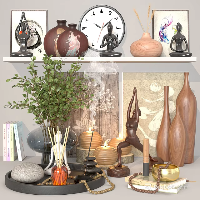 Decorative Ornament Set With Wooden Vases Black Figurines Yoga Statue And Aromatherapy Elements 3d model 