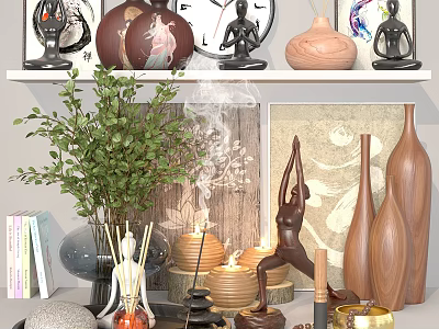 Decorative Ornament Set With Wooden Vases Black Figurines Yoga Statue And Aromatherapy Elements 3d model