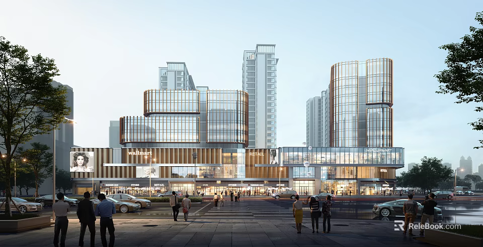 Modern Commercial Complex Featuring Glass Facade High Rise Buildings People And Cars Around 3d model 