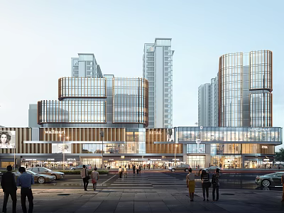 Modern Commercial Complex Featuring Glass Facade High Rise Buildings People And Cars Around 3d model