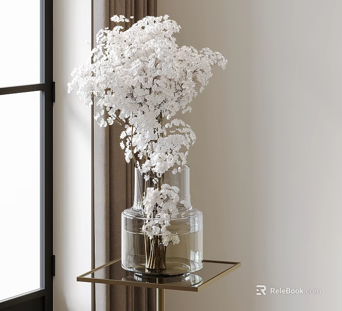 White Floral Bouquet in Transparent Glass Vase on Golden Frame Table by Window 3d model 