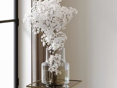 White Floral Bouquet in Transparent Glass Vase on Golden Frame Table by Window 3d model