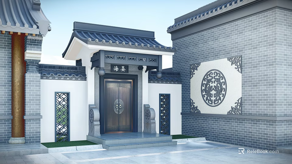 Traditional Chinese Entrance Gate With Tile Roof Carved Patterns And Wooden Plaque 3d model 