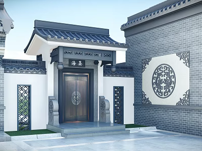 Traditional Chinese Entrance Gate With Tile Roof Carved Patterns And Wooden Plaque 3d model
