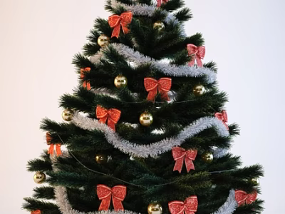 Decorated Christmas Tree With Green Branches Red Bows Golden Balls And Silver Garlands 3d model