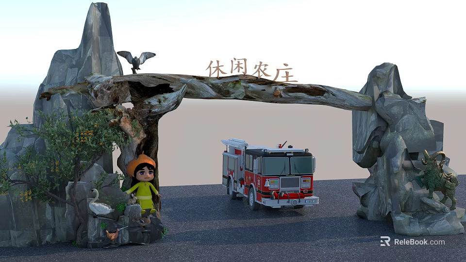 Leisure Farm Entrance Gate Stone Wooden Structure With Bird Decoration And Little Figure 3d model 