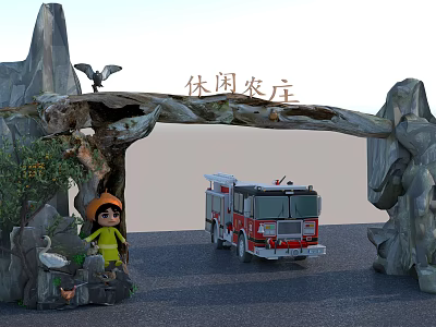 Leisure Farm Entrance Gate Stone Wooden Structure With Bird Decoration And Little Figure 3d model