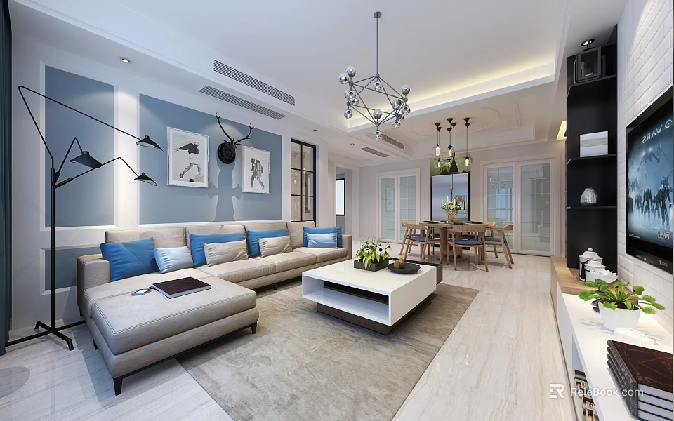 Modern Living Room With Beige Sofa Blue Pillows Coffee Table Chandelier And Decorative Paintings 3d model 