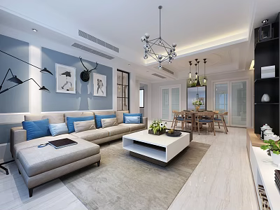 Modern Living Room With Beige Sofa Blue Pillows Coffee Table Chandelier And Decorative Paintings 3d model