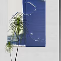 Blue Abstract Painting With Brush Strokes And Green Palm Plant On White Wall