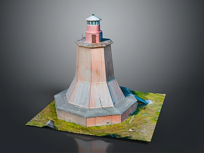 Lighthouse Brick Tower Structure With Red White Light Room And Grass Base 3d model
